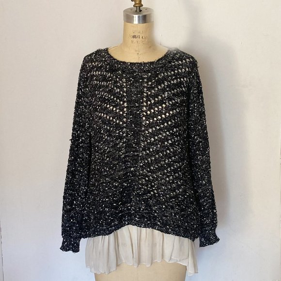 Black and white Scoop Beck  Long Sleeve Two-Fer Sweater. - Picture 1 of 6